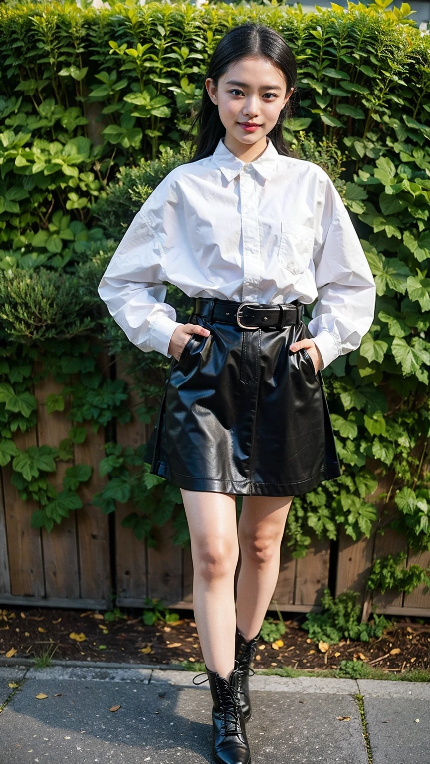 (8K、RAW Photos、Highest quality、masterpiece:1.2)、(Realistic、Realistic)、1 Girl、((mini skirt、black、Thin legs、whole body、boots、blackいコート、one piece、garden、smile、View from the front、Ribbon on chest、Looking into the camera、belt、Stand with hands on hips))、