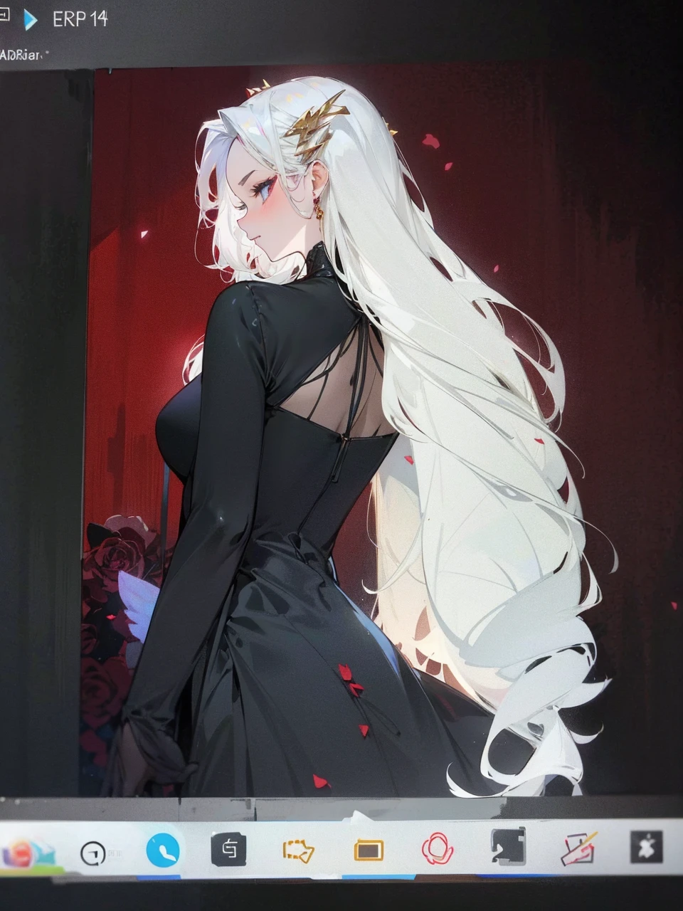 Add in roses to her dress, a good back dress design with some golden jewelry, make her dress into a red and white gown with a hat, give her some unique Jewelry, and make her look somewhat of a demonic angel like appearance to her