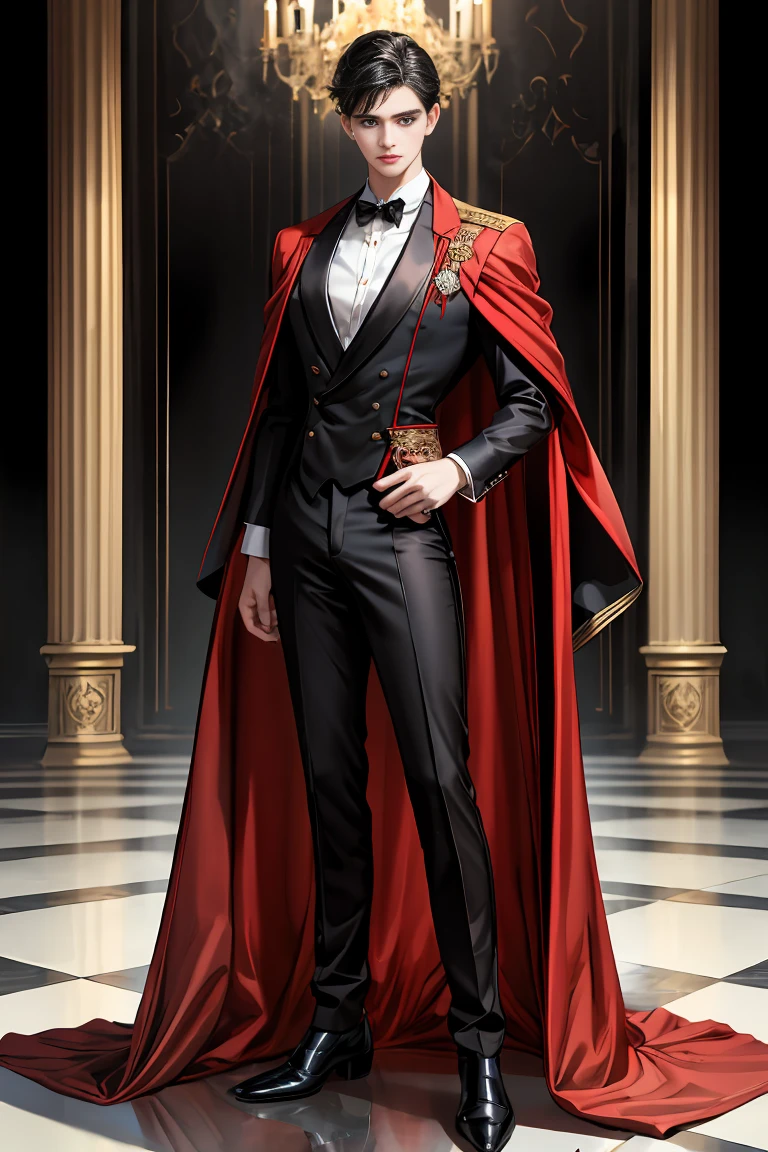 masterpiece, 最high quality, high quality, 1 boy, alone, Male focus, Watching the audience, Messy black hair, Adorable big blue eyes, White people, Noble, Noble,Sexy voluminous black and red cape、Tuxedo、A very voluminous, large, very large, very large, long, long red and black cape with a high stand-up collar, reaching down to the floor, made of a lot of fabric., ,Cute beautiful boys,Cute, cute, kind, handsome guy