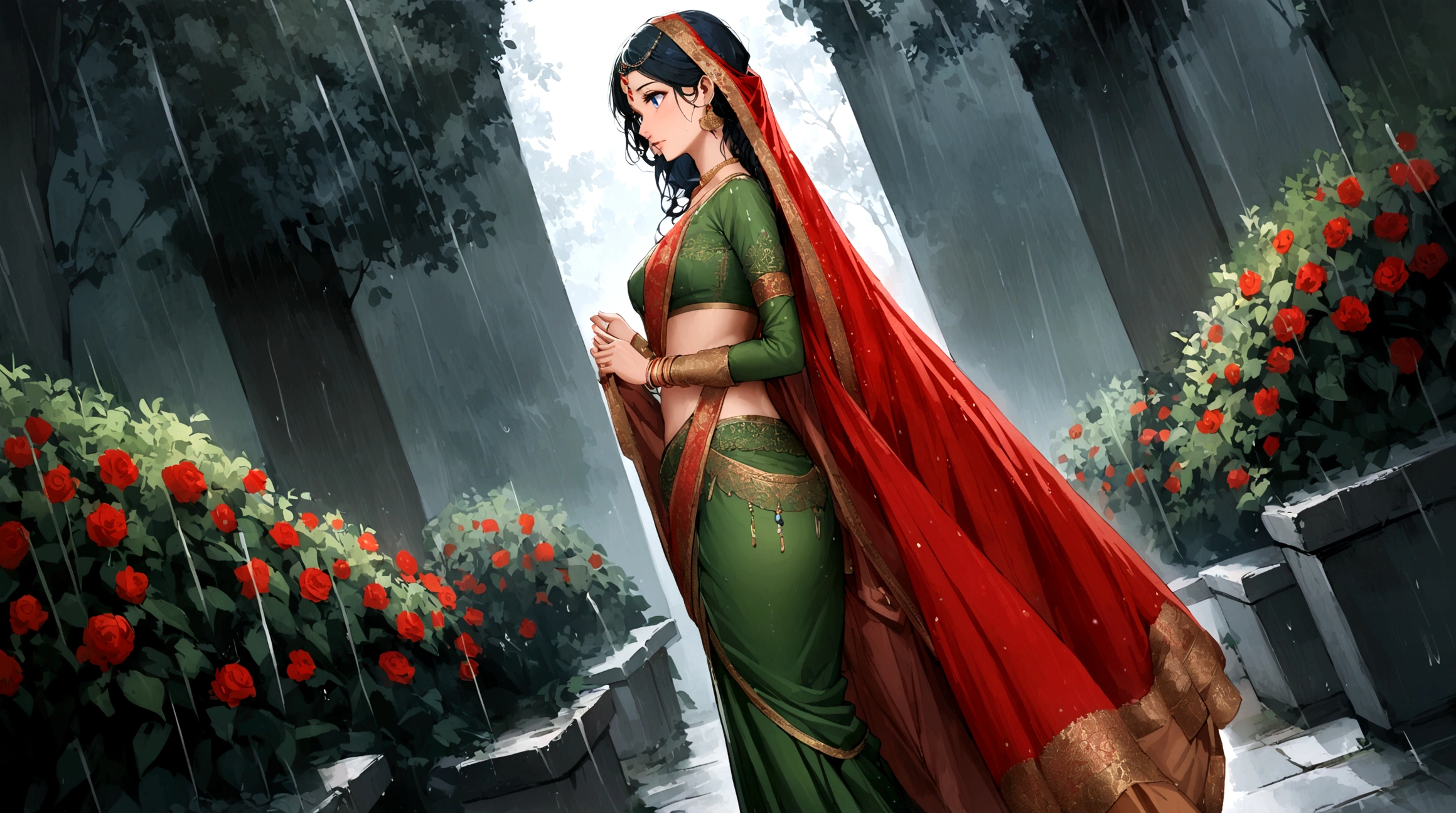A Indian beautiful,woman slim fit with long messy hair blue _eyes ,brode pelvic , ,wering olivegreen and red color wedding Saree, and wering golden jularis ,nose ring, side angle shot ,outdoors standing in garden an raining and Stroms thunder lighting