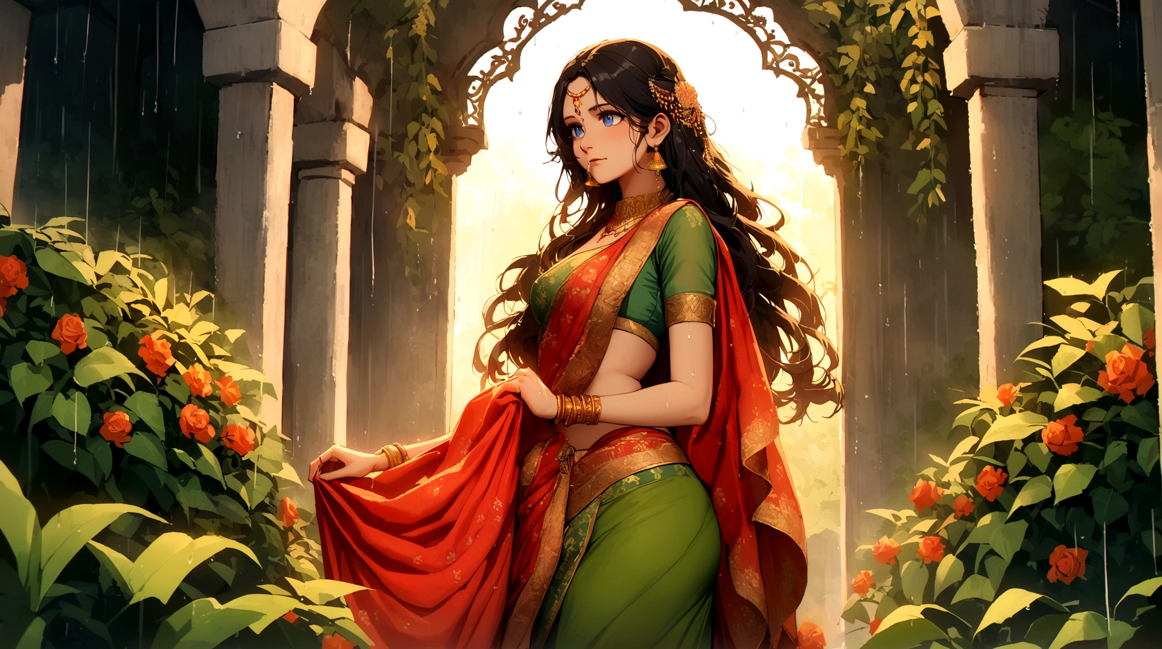 A Indian beautiful,woman  slim fit with long messy hair blue _eyes ,brode pelvic , ,wering olivegreen and red color wedding Saree, and wering golden jularis ,nose ring, side angle shot ,outdoors standing in garden an raining and Stroms thunder lighting 
