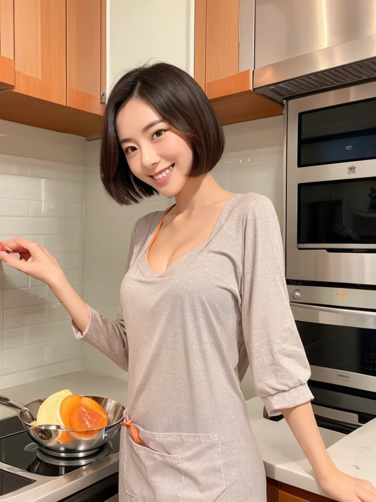 Gentle and virtuous China、Japanese Beauty,short hair、Taking a photo next to the range hood in the kitchen,Wearing an orange apron,Wear a V-neck long-sleeved T-shirt inside,Holding up the spatula,Cooking on a gas stove,Beautiful woman showing charming smile、White Teeth,Makes women and men like it very much,Big breasts、Double eyelids,Focus、High Definition,Proportionate body,Fair skin,Perfect shape of every body part,Require flawless work