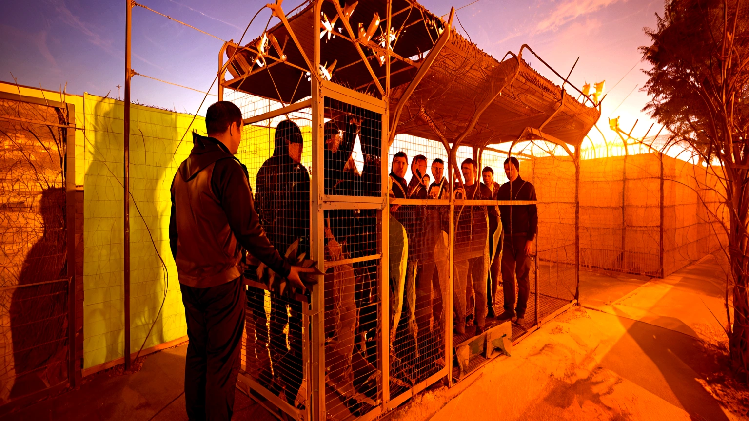 a group of iranian 25 years old woman prisoners wearing bra lace panties with hijab inside a cage made of barbed wire. They stand line up waiting, with a soldier talking to them at the gate. fearful face, Chained Woman, Full Body, Chained Chain, plump body, prison atmosphere