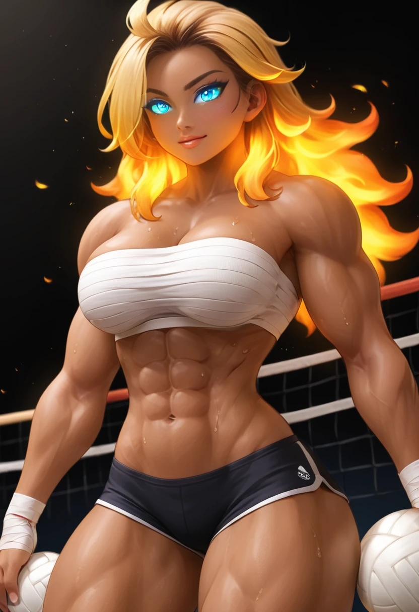 Prompt
detailed illustration, (front view), (side view),dynamic angle, ultra-detailed, illustration, clean line art, shading, anime, detailed eyes, detailed face, beautiful face, dramatic lighting, detailed illustration, dynamic angle, ultra-detailed, illustration, single woman
Fit, toned abs, ((volleyball shorts)), ((fundoshi breast wrap)), volleyball player, big round ass, big tits, caramel tan skin, dark skin tone, wide hips, narrow waist, thunder thighs, (blazing blonde hair), (glowing eyes), glowing sclera, muay thai wraps, small strong biceps, sweat, ((bandaged breasts)), flaming hair, hair is fire, flames rolling down skin, clothes catching on fire, embers