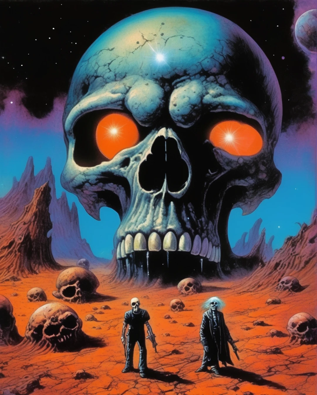 Richard Corben Style - an 80's heavy metal science fiction illustration in the style of Richard Corben art, desktop wallpaper style, sci fi, horror, cinematic illustrations, watercolor and acrylic ink painting style, a black cover with a skull and an
eye, in the style of brian
despain, interstellar nebulae,
brian mashburn, dark orange
and aquamarine, steve sack,
album covers, arched doorways