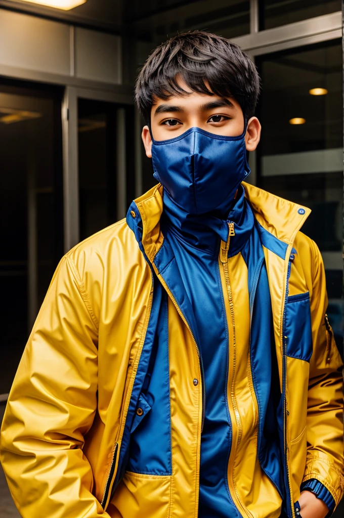4 teenage boy wearing golden blue jacket and wear mask