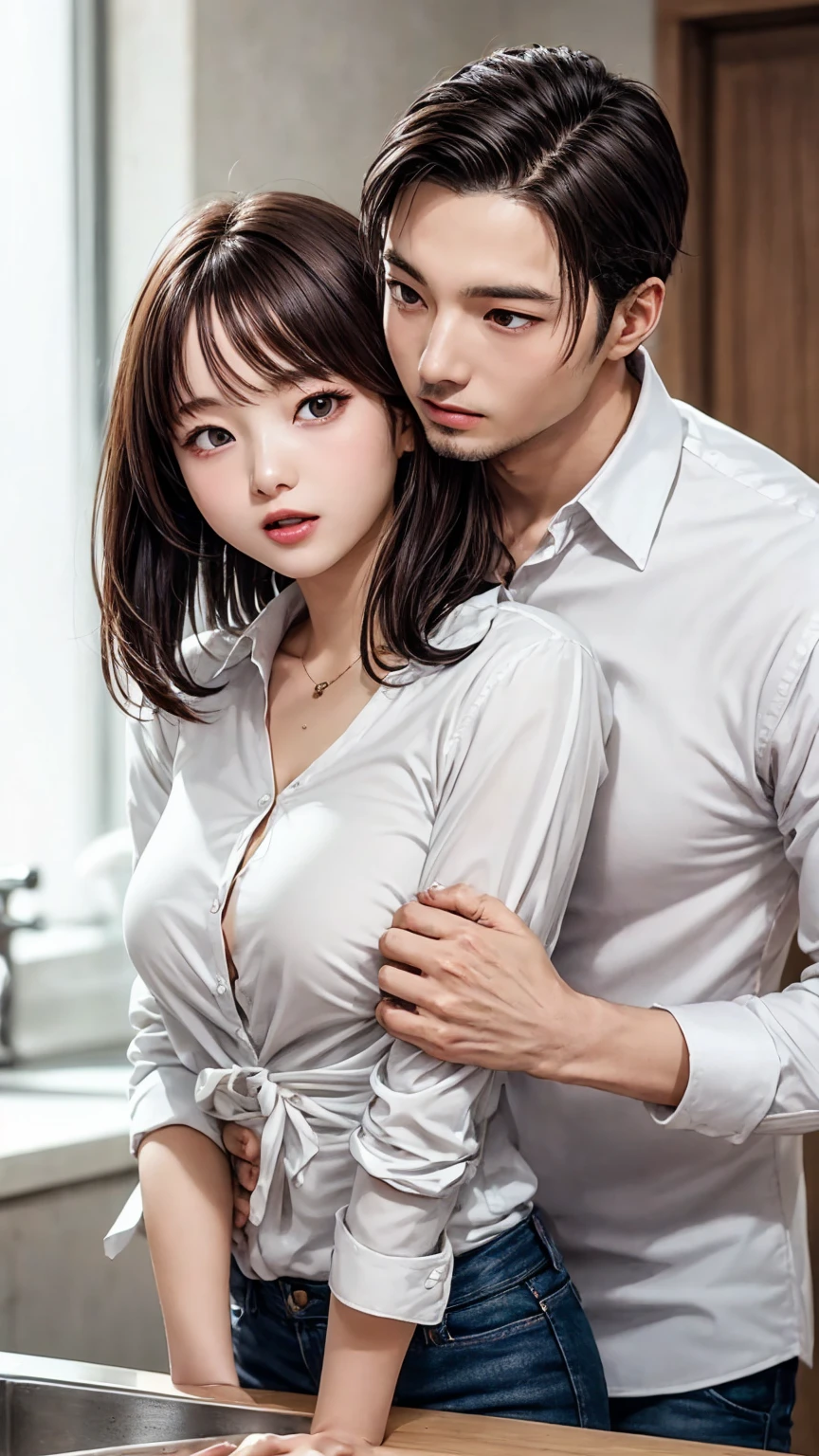 Man and woman in love、Cheating young wife、Super detailed、Particles of light:0.5、Shiny and smooth skin texture、Beautiful clear eyes、Having sex with a guy in the kitchen、Natural Texture、Short Hair、、Mature slender beauty、Small breasts、Dignified face、Boyfriend Shirt、Open-neck long shirt、Touching the inner thighs