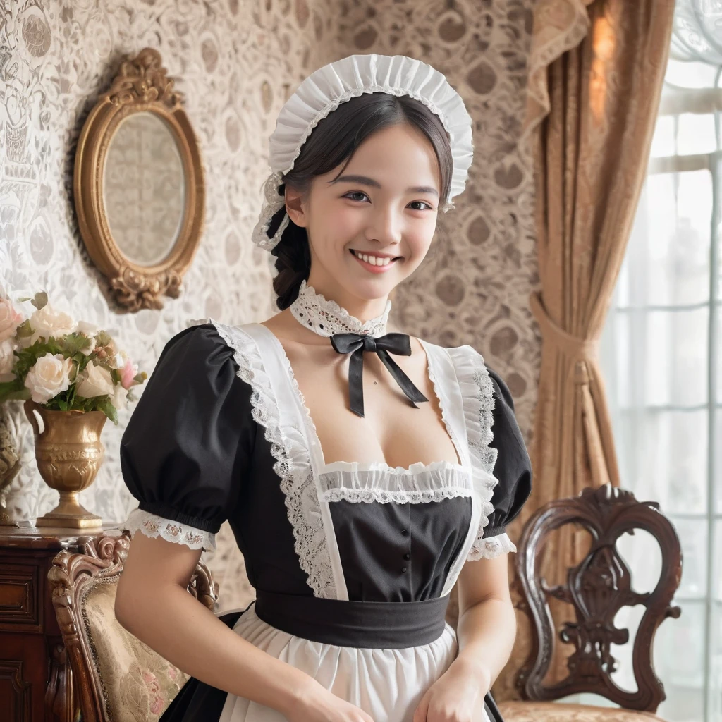 A beautiful woman dressed in a classic maid outfit, featuring a black dress with a white apron and lace headpiece. She stands in an elegantly decorated Victorian-style room with ornate furniture and wallpaper. The scene is well-lit, highlighting her friendly smile and graceful posture, embodying the charm and elegance of a traditional maid.