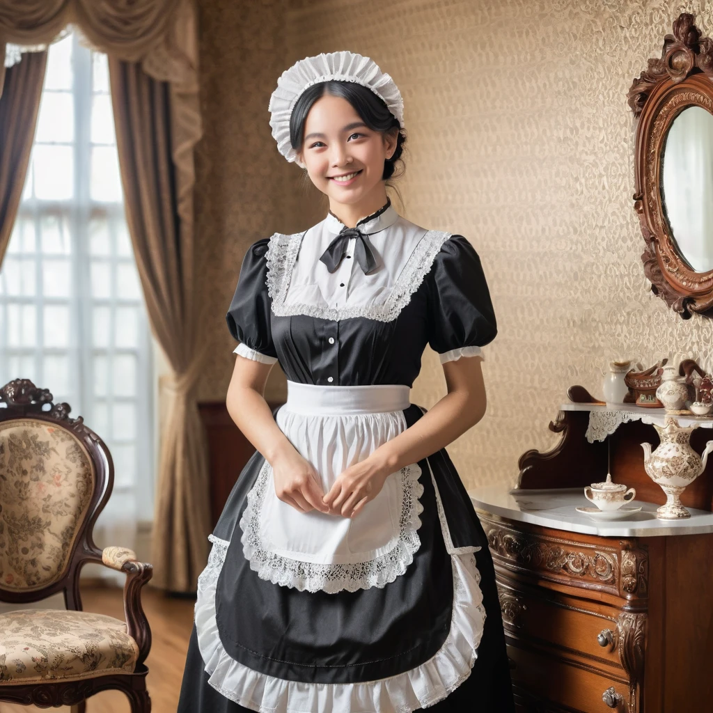 A beautiful woman dressed in a classic maid outfit, featuring a black dress with a white apron and lace headpiece. She stands in an elegantly decorated Victorian-style room with ornate furniture and wallpaper. The scene is well-lit, highlighting her friendly smile and graceful posture, embodying the charm and elegance of a traditional maid.