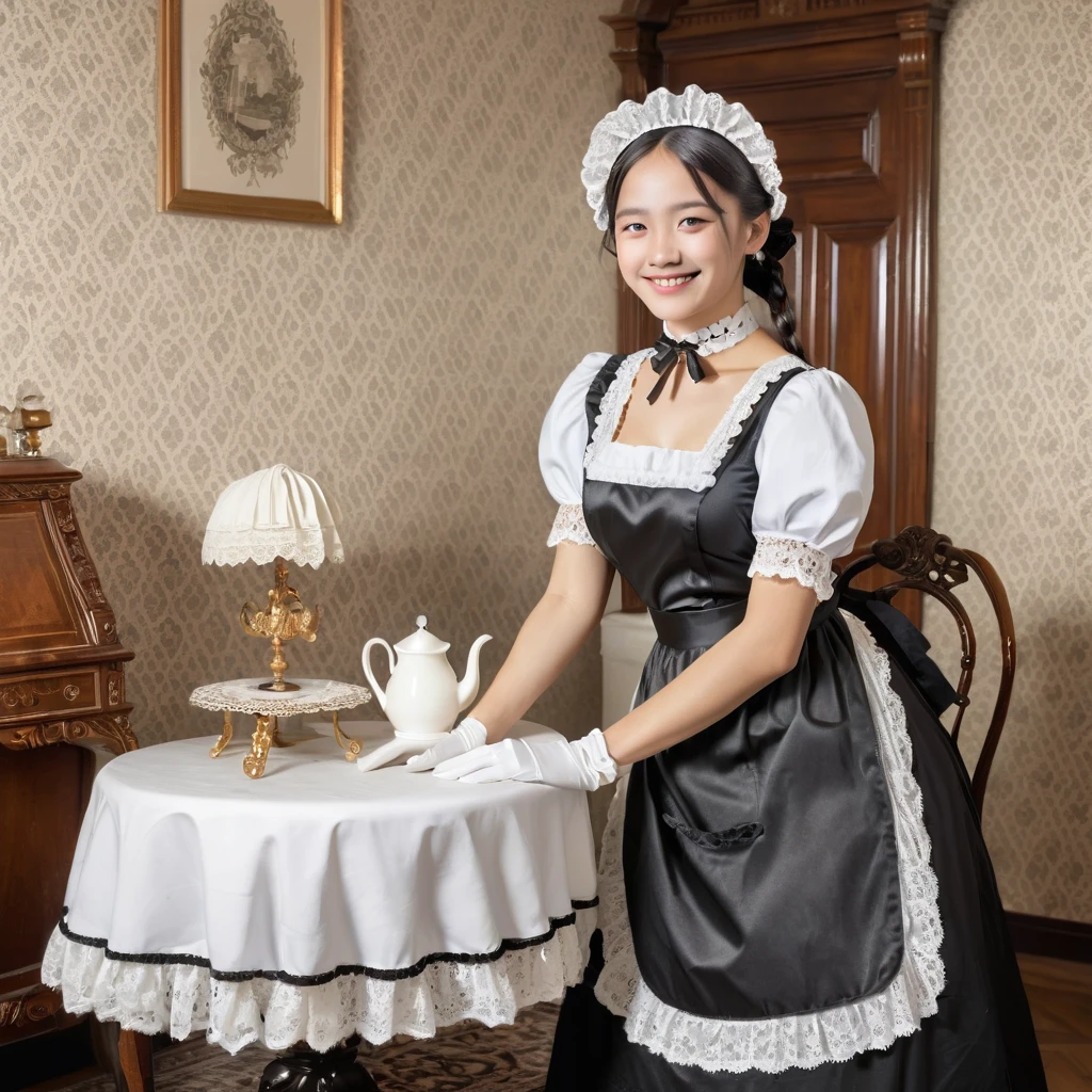 A beautiful woman dressed in a classic maid outfit, featuring a black dress with a white apron and lace headpiece. She stands in an elegantly decorated Victorian-style room with ornate furniture and wallpaper. The scene is well-lit, highlighting her friendly smile and graceful posture, embodying the charm and elegance of a traditional maid.