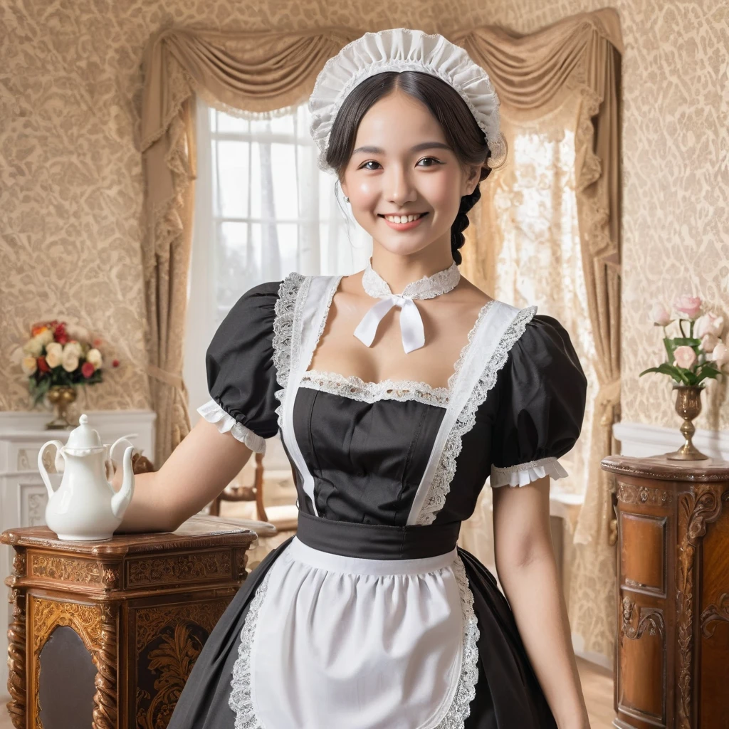 A beautiful woman dressed in a classic maid outfit, featuring a black dress with a white apron and lace headpiece. She stands in an elegantly decorated Victorian-style room with ornate furniture and wallpaper. The scene is well-lit, highlighting her friendly smile and graceful posture, embodying the charm and elegance of a traditional maid.