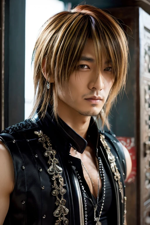 1 Japanese gothic rocker, male, Asian eyes, 40 years old, Ultra detailed face and body, muscular, broad shoulders, hyperrealistic, realistic representation, visual kei hairstyle, long straight hair, Gothic man, blonde