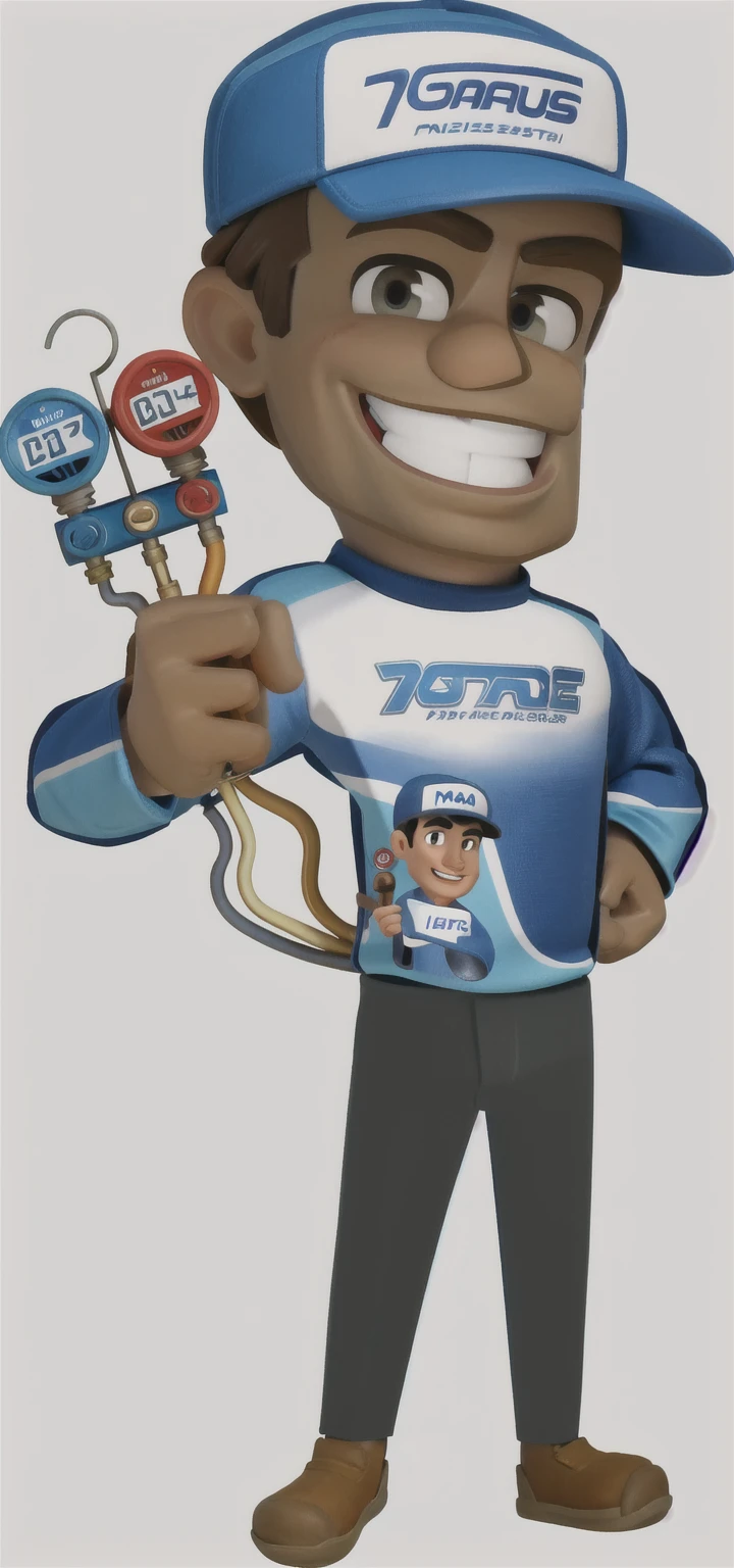 3d, Masterpiece artwork, disney pixar style man holding a pressure gauge, wearing cap, long sleeve shirt, mascote de corpo inteiro, official character illustration, wearing plumber uniform,  Mascot Illustration, detailed illustration, caricature, promotional rendering
