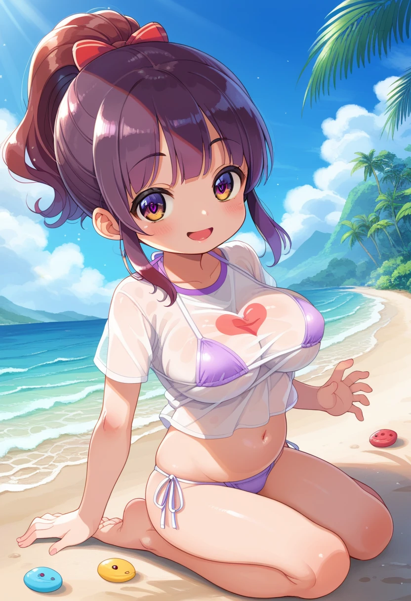 score_9,score_7_up, score_6_up, 1girl, source_cartoon, source_anime,breathtalking Scenery,watercolor,smooth soft skin, natural skin,watercolor, anime screencap,mjm,brs
BREAK
(:1.9),(little female child:1.9),(oppai loli), (large breasts:1.3),(disproportionate breasts:1.5),(loli tod:1.4),(mini girl:1.3),(4 yo:1.3),(Toddler body:1.4),(muffin top:0.8),(preschooler:1.1),(infant:1.1),(baby face),round face,
BREAK
high ponytail,(reddish purple hair:1.7),highlight on eyes,(purple eyes:1.1),diagonal bangs,(smug face:1.2),doyagao,open mouth, ultra cute face,kawaii,skindantation,oily skin, beautiful eyes, detailed eyes,happy,puffy eyes, smile,
BREAK
(see through over-sized extra long:1.2) t-shirt, short sleeves, (shadows of body:1.3),fullbody under (transparent thin:1.2) over-sized big shirt,back light,bikini under transparent thin over-sized big shirt
BREAK
dynamicpose,sea,wave,island,tropical,dynamicangle,breathtalking background, outdoors,pastelcolor,