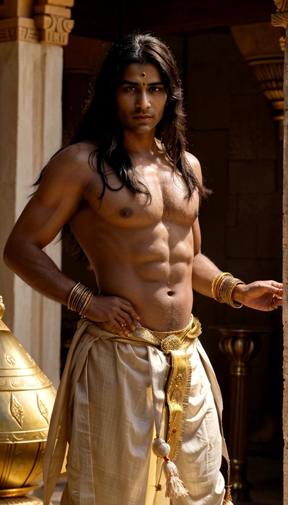 "Create a hyper-realistic image of Lord Ram, depicted as a divine warrior-prince. He should have a serene yet powerful expression, with well-defined features, a sharp nose, and expressive eyes. His skin should be a luminous golden-brown tone. He should have long, flowing black hair, partially tied up, and adorned with a simple crown or diadem. Lord Ram should be dressed in traditional royal attire, including a dhoti and an intricately designed upper garment, along with ornaments like armlets, bracelets, and a sacred thread across his chest. He should be holding his iconic bow and arrow, and the setting should be a lush, ancient Indian forest with a hint of a temple or palace in the background, bathed in the warm glow of the setting sun."