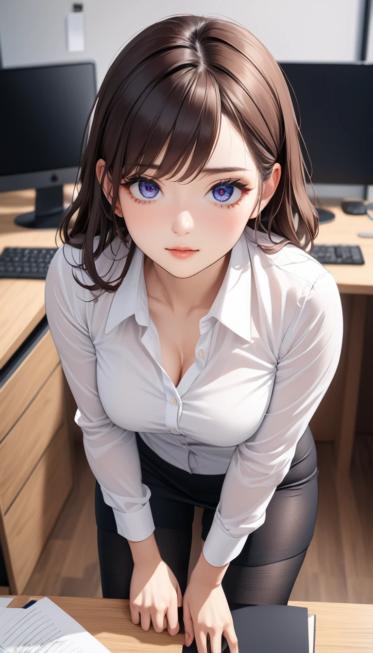 (((masterpiece))),(((High resolution)))、(((8K)))、(((perfect face)))、(((beauty of japan)))、30 years old、(((beautiful face))), (((office))), (((shirt))), ((tights)), embarrassed look, look at the camera, top quality eyes, detailed texture, look at the camera, all body, big , Married woman, cool women, (((high resolution eyes)))