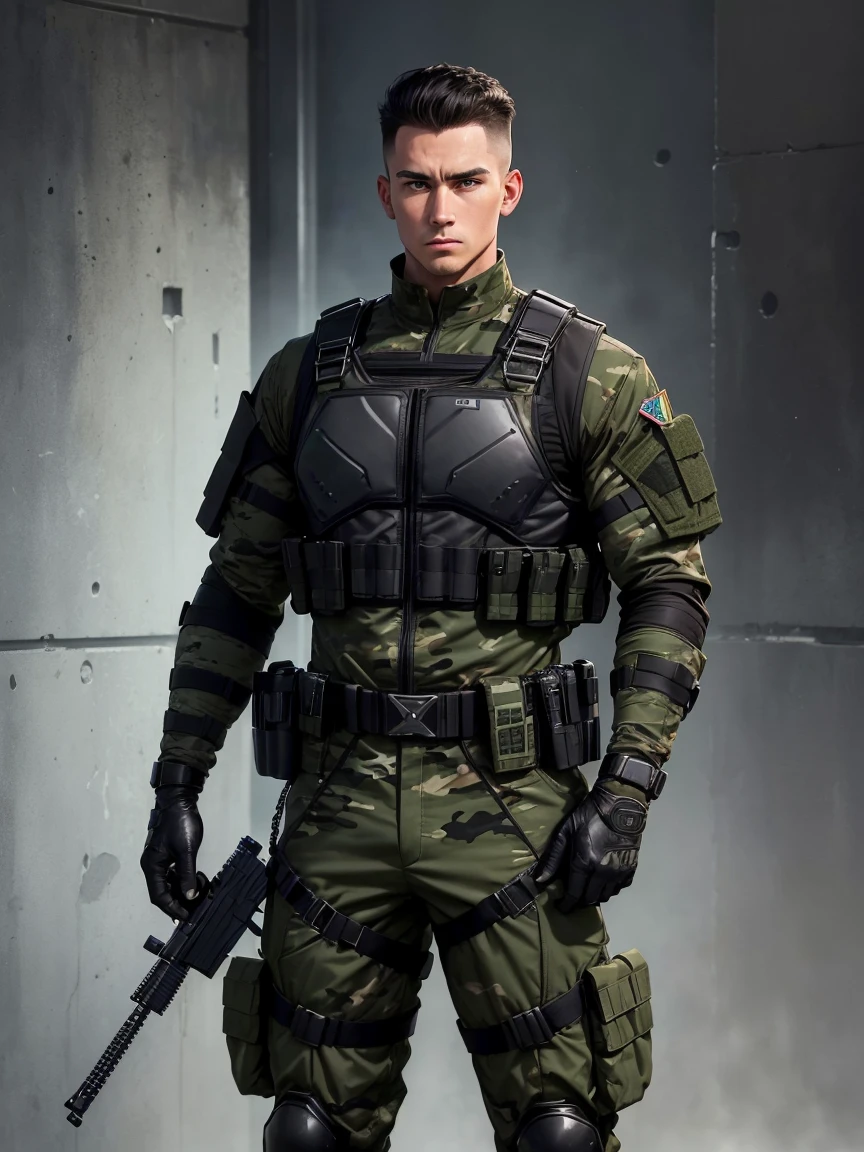 1 man, 25-year old, character of the game Cal of Duty Modern Warfire stands calmly, wearing green camouflage combat suit, (black bulletproof vest: 1.3), black half-gloves, (grenade belt: 1.3), stunning, tall, Dark hair, buzz cut, (full length:1.5), (three-quarters turned:1.2)