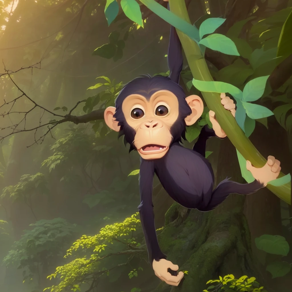 cartoon monkey hanging from a tree branch in a jungle, apes hanging from vines, animated movie still, monkey, cyber monkey in the scifi forest, chimpanzee, animated film still, animation still, subject= chimp, animated movie scene, animated still, animation film still, clever monkey, disney 2d animation still, bored ape nft