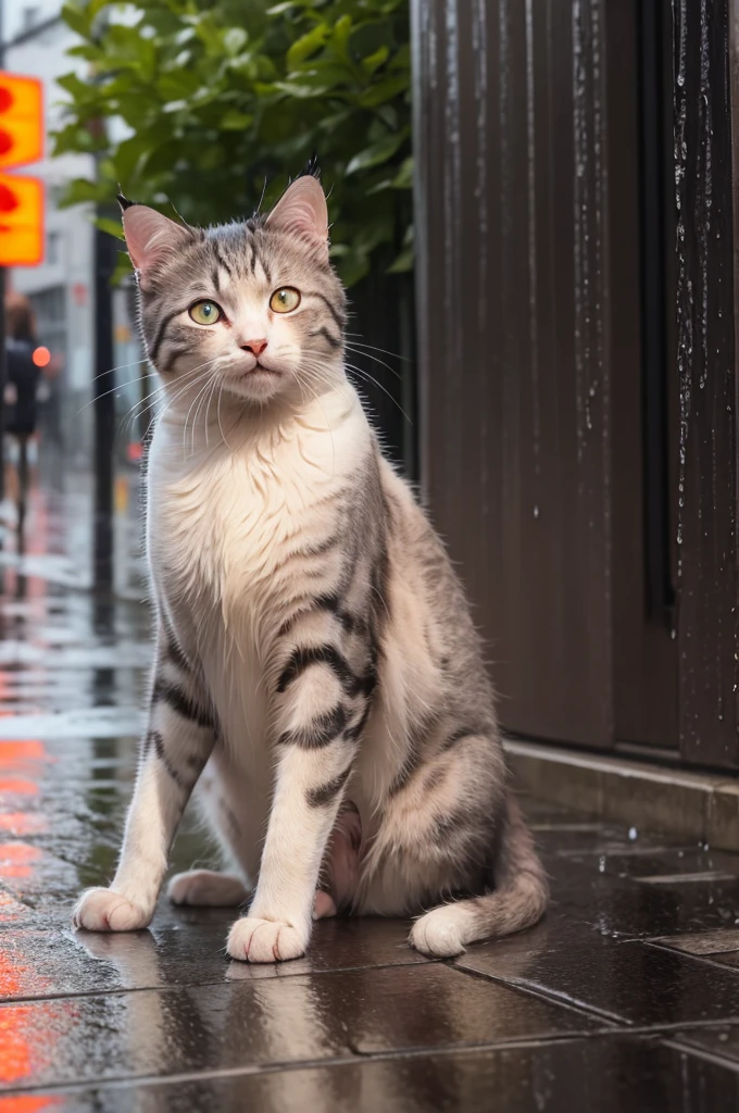 Wet cat in the rain, orange, crying in the street