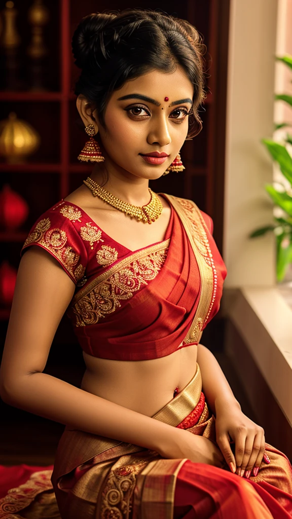 Beautiful Bengali woman in a red saree with golden embroidery, elegant bun hairstyle, soft makeup, looking directly at the camera.