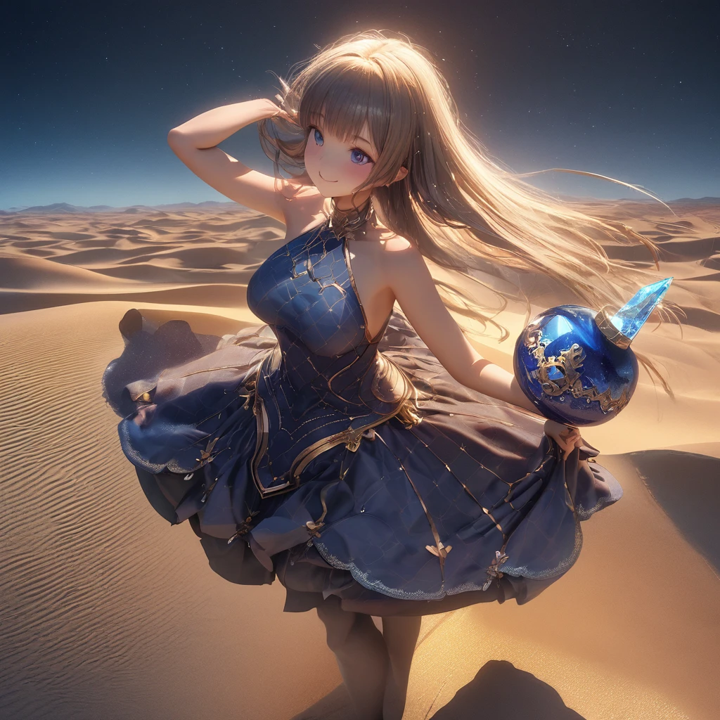 (masterpiece, cute_cartoon_style, octane-render):1.4, magnificent view, far away light,whole surface lake, sand dunes (Tottori:1.3), (sand ripples:0.95), fantastic, gentle breeze, Dazzling Atmosphere, 1 goddess, (detailed large indigo eyes), (holding crystal water pot,put the hands up, perfect hands):1.21, a girl standing on Center of sand dunes, slightly bow and lift skirt, (in Indigo arabesque pattern beige bare_shoulders combination panel dress), dense and delicate clothes, beautiful breasts, wedge sandals, smile, playful, (flinching hair, Detailed black long hair):1.1, beautiful nape, diffused natural skin glow, (subjective perspective),  heavenly stars,  (dim light, light-shadow symmetry, Faintly emerge from the darkness