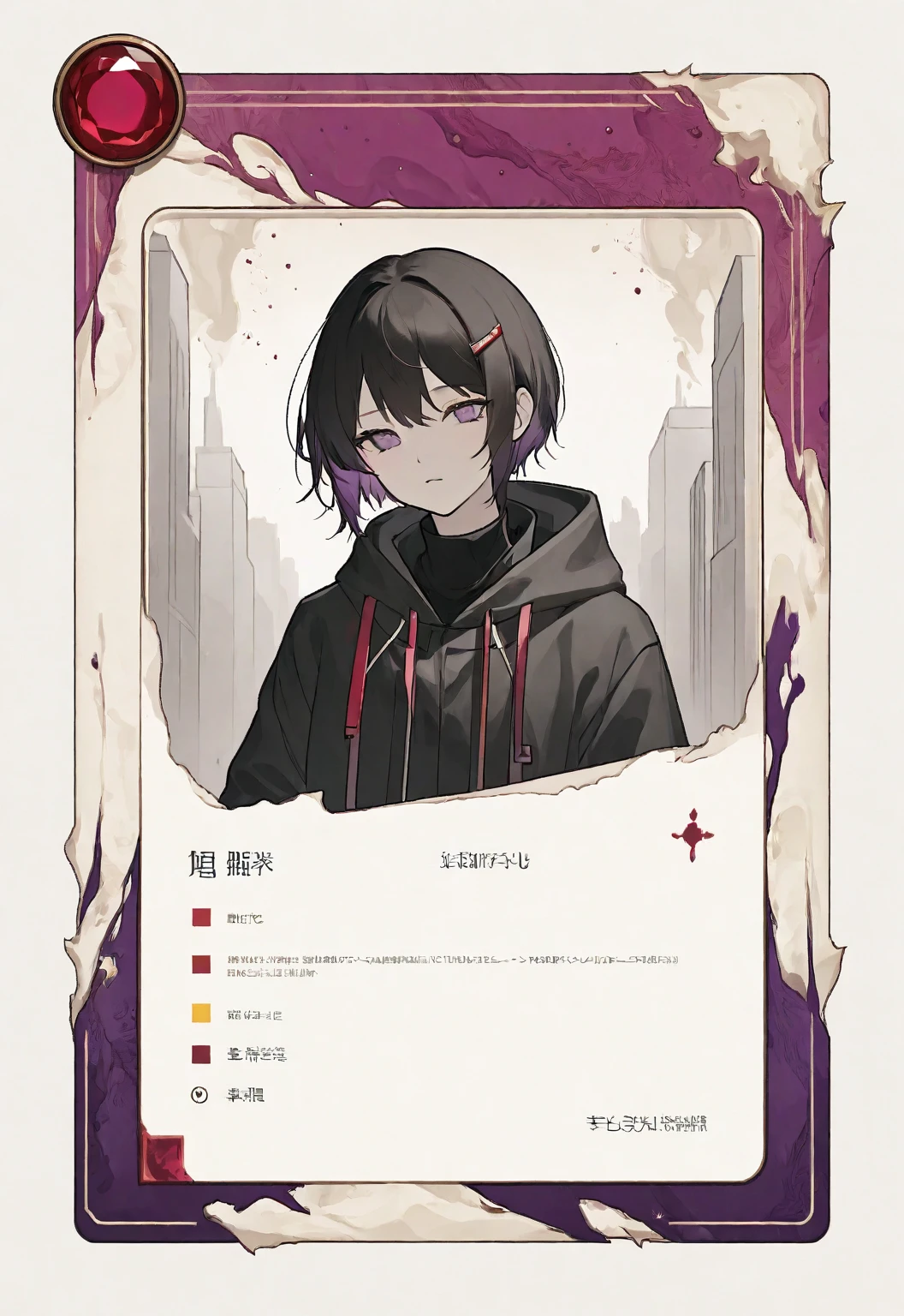 A card border UI，Modern urban minimalist style，Suspense style，Profile Style。Leave a square blank space in the middle，No characters。There is a ruby under the card border.。Parchment backing，There are blood stains on it。Black and White、yellowish、Purple main color。