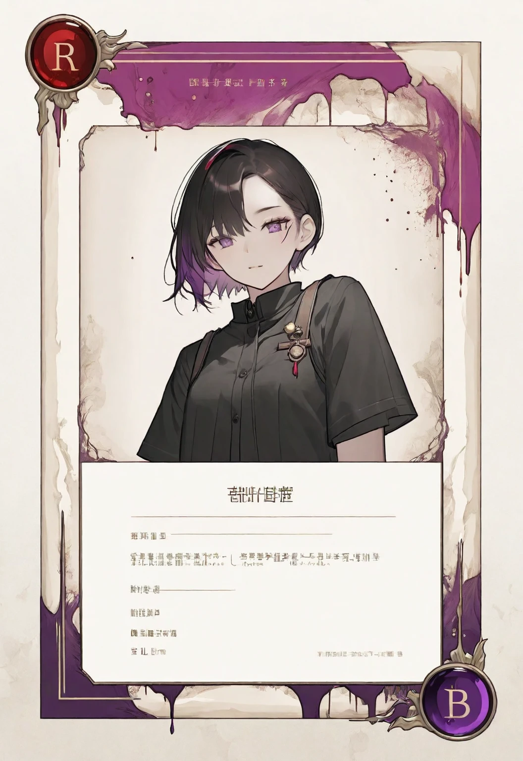 A card border UI,Modern urban minimalist style,Suspense style,Profile Style。Leave a square blank space in the middle,No characters。There is a ruby under the card border.。Parchment backing,There are blood stains on it。Black and White、yellowish、Purple main color。