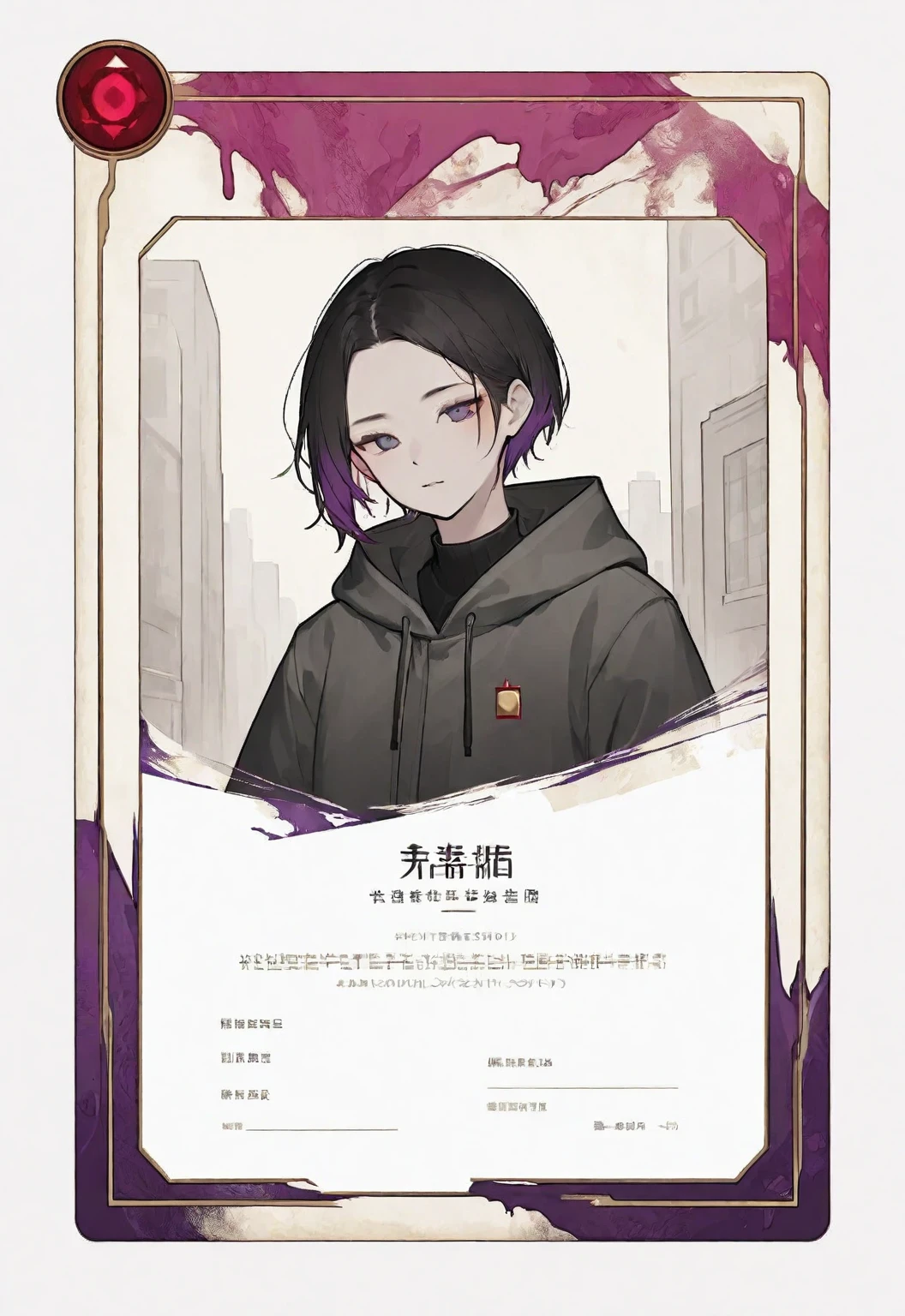 A card border UI,Modern urban minimalist style,Suspense style,Profile Style。Leave a square blank space in the middle,No characters。There is a ruby under the card border.。Parchment backing,There are blood stains on it。Black and White、yellowish、Purple main color。