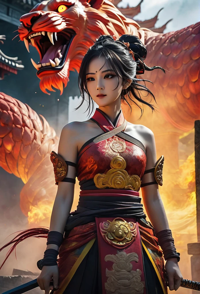 blood girl, and a huge fire yellow lion, made of smoke, wearing a warrior outfit complete with armor hovering around the ruins of an ancient temple, inspired by Japanese gods, carrying a huge divine sword, temple background, Japan, dark, horror vibes, , smoke , fire , big add some big snakes in the back , Japanese mythical god , evil smile , crazy eyes , blindfold , fuji color , high detail , high quality , accurate