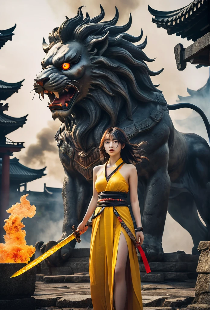 blood girl, and a huge fire yellow lion, made of smoke, wearing a warrior outfit complete with armor hovering around the ruins of an ancient temple, inspired by Japanese gods, carrying a huge divine sword, temple background, Japan, dark, horror vibes, , smoke , fire , big add some big snakes in the back , Japanese mythical god , evil smile , crazy eyes , blindfold , fuji color , high detail , high quality , accurate