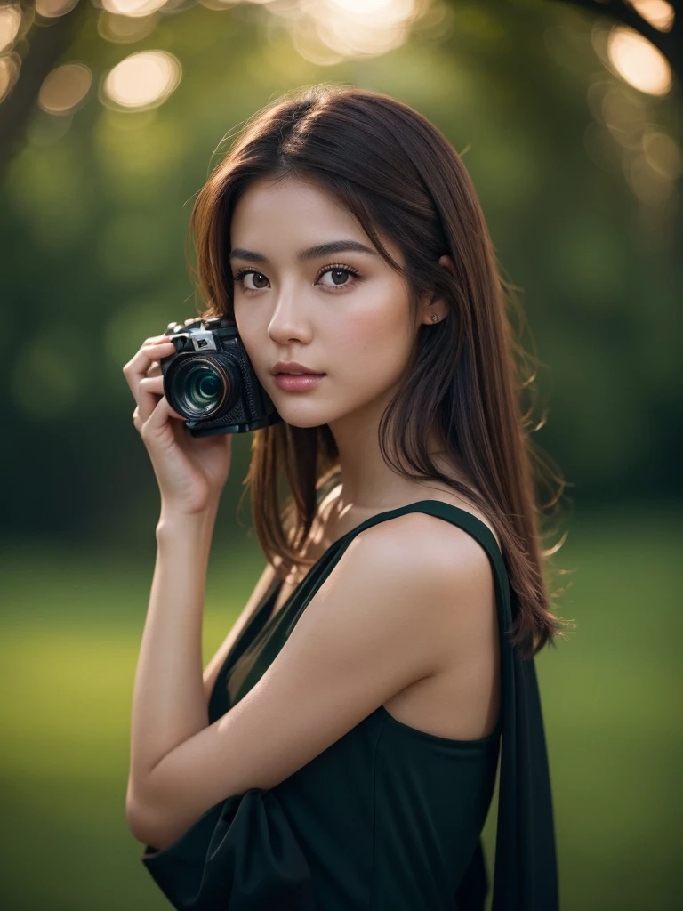 a beautiful young asian woman with brown hair, green eyes, wearing a black dress, holding a vintage camera, intricate detailed portrait, photorealistic, high resolution, cinematic lighting, dramatic contrast, warm color tones, award winning photograph