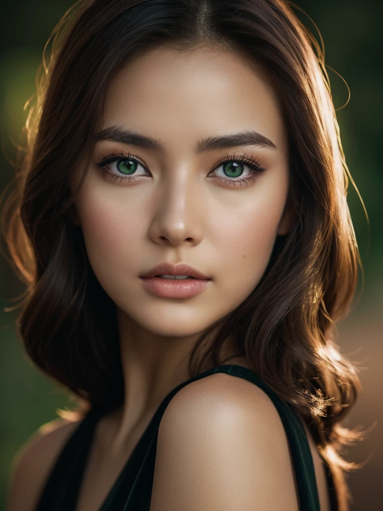 a beautiful young asian woman with brown hair, green eyes, wearing a black dress, holding a vintage camera, intricate detailed portrait, photorealistic, high resolution, cinematic lighting, dramatic contrast, warm color tones, award winning photograph