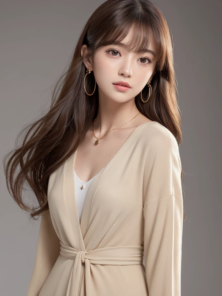 ((Highest quality, 8K, masterpiece:1.3)), concentrate: 1.2, Perfect body beauty: 1.4, Hips: 1.2, ((Long Hair, chest: 1.2)), (Dry clothes: 1.1) , (clear, Simple Background:1.3), Simple clothes: 1.1, Highly detailed face and skin texture,Delicate eyes, double eyelid, Whitened skin, Rough skin、Long Hair、Earrings with bangs、necklace、 solo、Beige coat、White shirt, (((Beautiful girl with cute Japan)))、 ((Beautiful Japanese girl 20 years old))、 ((Baby Face))、 (((Slender body)))、 Upper Body,Face focus、necklace,Simple Background,From above, Realistic Hair、 A photograph was taken:Canon EOS R6、135mm、1/1250 seconds、f2.8、ISO400、(Detailed explanation of the hand)、(Masseter muscle area)、(Exquisite CG)、Long Hair, loose and curly hair、Korean Hair、Long Hair明るいベージュ色、グラデーションハイライトグレージュのゆるふわLong Hairスタイル、
