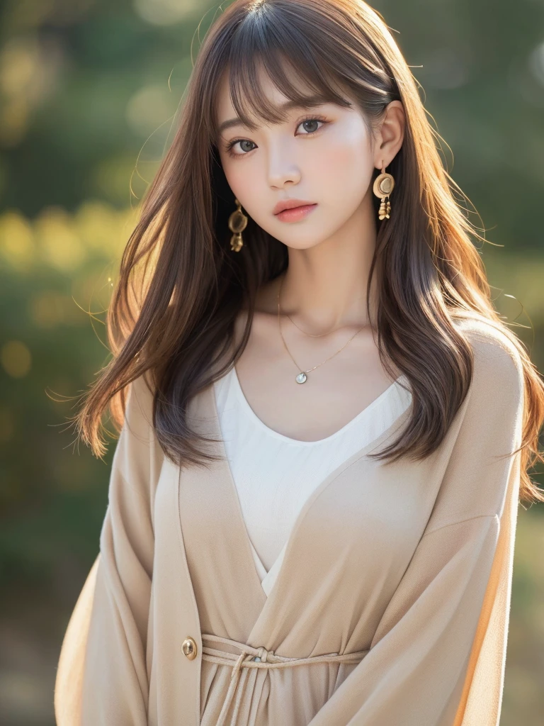  ((Highest quality, 8K, masterpiece:1.3)), concentrate: 1.2, Perfect body beauty: 1.4, Hips: 1.2, ((Long Hair, chest: 1.2)), (Dry clothes: 1.1) , (clear, Simple Background:1.3), Simple clothes: 1.1, Highly detailed face and skin texture,Delicate eyes, double eyelid, Whitened skin, Rough skin、Long Hair、Earrings with bangs、necklace、 solo、Beige coat、White shirt,  (((Beautiful girl with cute Japan)))、  ((Beautiful Japanese girl 20 years old))、 ((Baby Face))、 (((Slender body)))、  Upper Body，Face focus、necklace，Simple Background，From above， Realistic Hair、 A photograph was taken:Canon EOS R6、135mm、1/1250 seconds、f2.8、ISO400、(Detailed explanation of the hand)、(Masseter muscle area)、(Exquisite CG)、Long Hair, loose and curly hair、Korean Hair、Long Hair明るいベージュ色、グラデーションハイライトグレージュのゆるふわLong Hairスタイル、