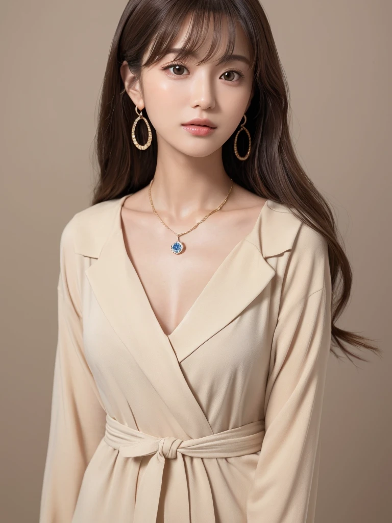  ((Highest quality, 8K, masterpiece:1.3)), concentrate: 1.2, Perfect body beauty: 1.4, Hips: 1.2, ((Long Hair, chest: 1.2)), (Dry clothes: 1.1) , (clear, Simple Background:1.3), Simple clothes: 1.1, Highly detailed face and skin texture,Delicate eyes, double eyelid, Whitened skin, Rough skin、Long Hair、Earrings with bangs、necklace、 solo、Beige coat、White shirt,  (((Beautiful girl with cute Japan)))、  ((Beautiful Japanese girl 20 years old))、 ((Baby Face))、 (((Slender body)))、  Upper Body，Face focus、necklace，Simple Background，From above， Realistic Hair、 A photograph was taken:Canon EOS R6、135mm、1/1250 seconds、f2.8、ISO400、(Detailed explanation of the hand)、(Masseter muscle area)、(Exquisite CG)、Long Hair, loose and curly hair、Korean Hair、Long Hair明るいベージュ色、グラデーションハイライトグレージュのゆるふわLong Hairスタイル、
