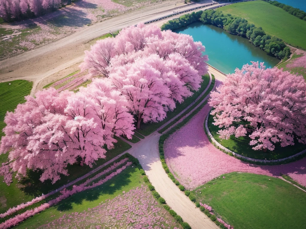 Aerial view,The ground is covered with pink flowers,Beautiful colors,Real material,Ultra-detailed scenes,4K,real picture