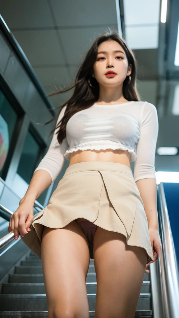 (((Gently lift your skirt to reveal your panties:1.5))), (from below: 2), 
Perfect beautiful Japanese girl 20 years old, (standing on the stairs at the airport:1.3), Tunic sweater, (arched back:1.3), white skin, Full body photograph, 
hairlight, professional photograph, dynamic angle shot, film grain, Sharp photograph, ray tracing, dynamic lighting, tilt camera, Lens flare, (((masterpiece))), ((highest quality)), ((complex)), ((realistic)), (50mm Sigma f/1.4 Zeiss lens, f1.4, 1/800s, ISO100, photograph:1.1), perspective, mature woman, very be familiar with, shape, 1 girl, big breasts, beautiful and detailed eyes, ponytail, bang, black hair, brown eyes, earrings, be familiar with background, perfect eyes, enchanting eyes, looking at the viewer, From shape-based, ((masterpiece)), (be familiar with), perfect face