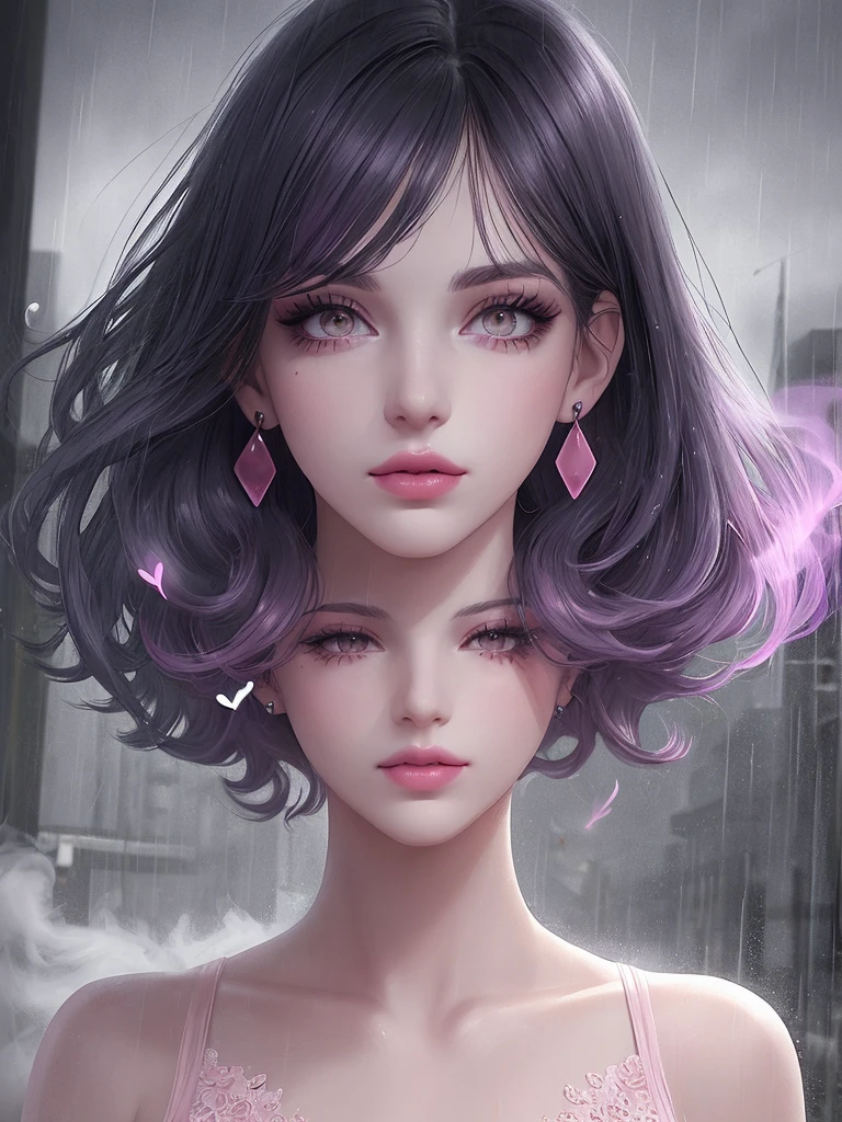 rain,Beauty,High nose,Long eyelashes,目にLight,Pink Lips,Closed Mouth,pastel colour,purple,Dull pink,Dull Blue,heart,Bobcut,Light,Strong winds,Fluttering Hair,Earrings,Smoke a cigarette,bad,cigarette,目にLight,Black Dress,Black lace,Black Hair,Inner color hair
