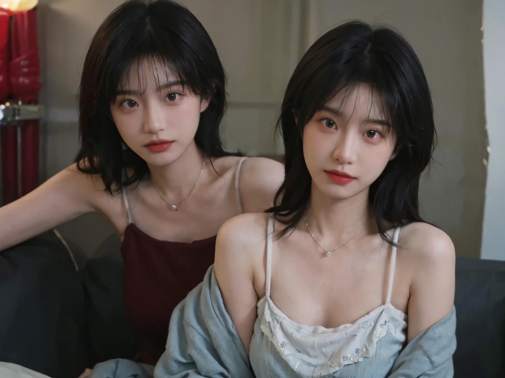 Film portrait photography, 2 girls, Bare shoulders,Lipstick,(flat chest:1.4), Wear a necklace,Cute expression,Exquisite makeup,Red suspenders,serene, calm, (Realistic and detailed eyes, Natural skin texture, Realistic facial details), Big breasts:1.6,Big Breasts,Soft dramatic lighting, Depth of Field, Bokeh, Vibrant details, Detailed and detailed, Surreal, 35mm film, hazy, ,