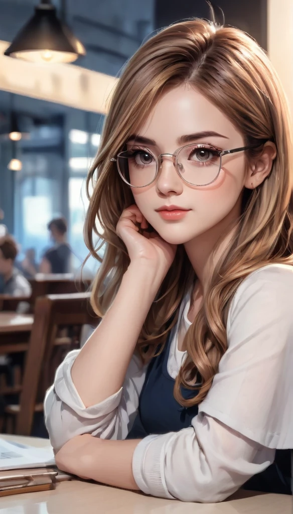 A pretty girl with brown hair with blonde ombre hair, dark slanted and delicate eyes wearing glasses, ((looking directly at the camera)), center of the room, ((sitting behind a table)). cartoon style:1.2), Cartoon image of a woman, cartoon style illustration, cartoon art style, cartoon art style, digital illustration style, highly detailed character design, cute detailed digital art , City Fan Art, Portrait Character Design, Beautiful Digital Illustration, High Quality Portrait, Comic Art, Character Design Portrait, Female Character All In Scream The Movie Actresses