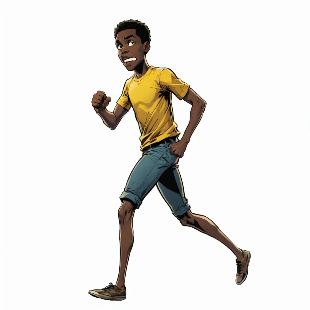 A black boy wearing a yellow shirt running scared and afraid
