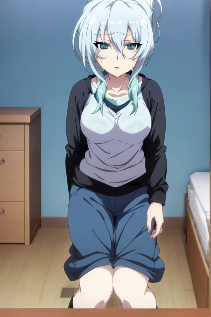 Yukino, A bed, Wearing a black hoodie，Silver hair and eyes, Cute girl anime visual, Animated movie screenshots, & Her expression is serious., A black face, In animation, In anime, Animated visual of a young woman, She has a cute expression, Anime Stills, Perfect breasts, Wet T-shirt No