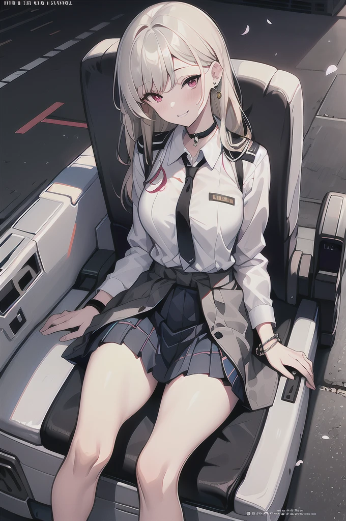 masterpiece, best quality, full body, 1girl, bangs, black choker, black necktie, blonde hair, blue skirt, blush, bracelet, breasts, choker, clothes around waist, collarbone, collared shirt, cowboy shot, dress shirt, ear piercing, eyebrows visible through hair, gradient hair, grin, gyaru, jewelry, kogal, long hair, looking at viewer, loose necktie, necktie, piercing, plaid, plaid skirt, pleated skirt, red eyes, ring, , shirt, skirt, smile, solo, white shirt, street, sky, cherry blossoms, petals,illustration, (magazine:1.3), (cover-style:1.3), fashionable, woman, vibrant, outfit, posing, front, colorful, dynamic, background, elements, confident, expression, holding, statement, accessory, majestic, coiled, around, touch, scene, text, cover, bold, attention-grabbing, title, stylish, font, catchy, headline, larger, striking, modern, trendy, focus, fashion,