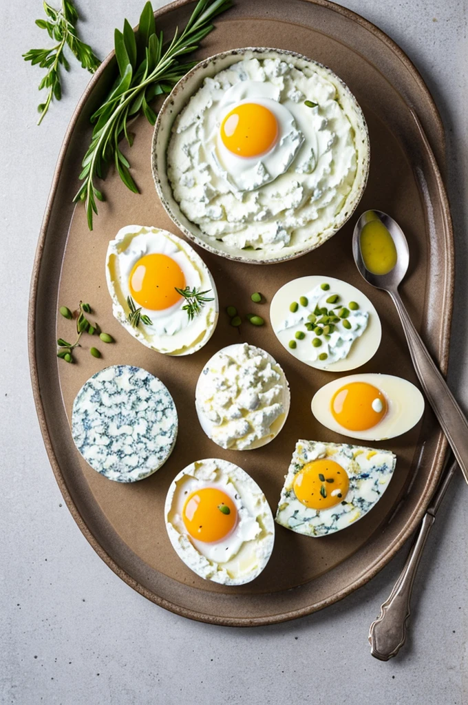 Eggs on the table (raw and whole), different types of dairy (hard cheeses, yogurt, cream cheese) and legumes