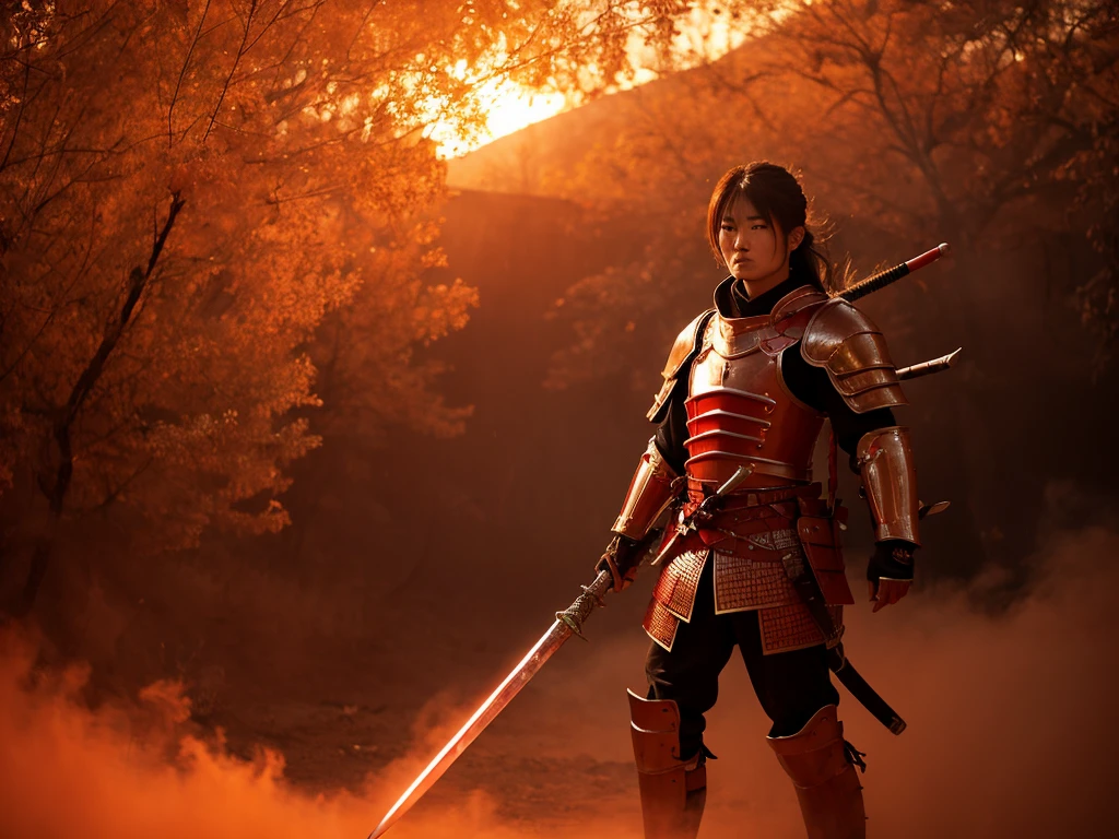 8K, Ultra-high resolution, Highest quality, masterpiece, Surreal, photograph,A brave and courageous Japanese warrior, Clad in blood-red armor, Emerging from the smoke and dust of the Sengoku period battlefields, A sword shining in the fiery sunset.、 Adds mystery and power. --9 in:16 --Style Raw --Styled 250、Full body image