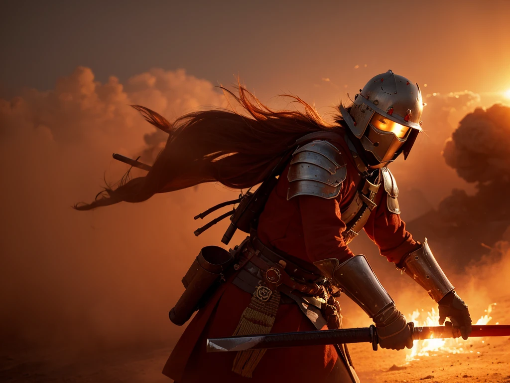 8K, Ultra-high resolution, Highest quality, masterpiece, Surreal, photograph,A brave and courageous Japanese warrior, Clad in blood-red armor, Emerging from the smoke and dust of the Sengoku period battlefields, A sword shining in the fiery sunset.、 Adds mystery and power. --9 in:16 --Style Raw --Styled 250、Full body image