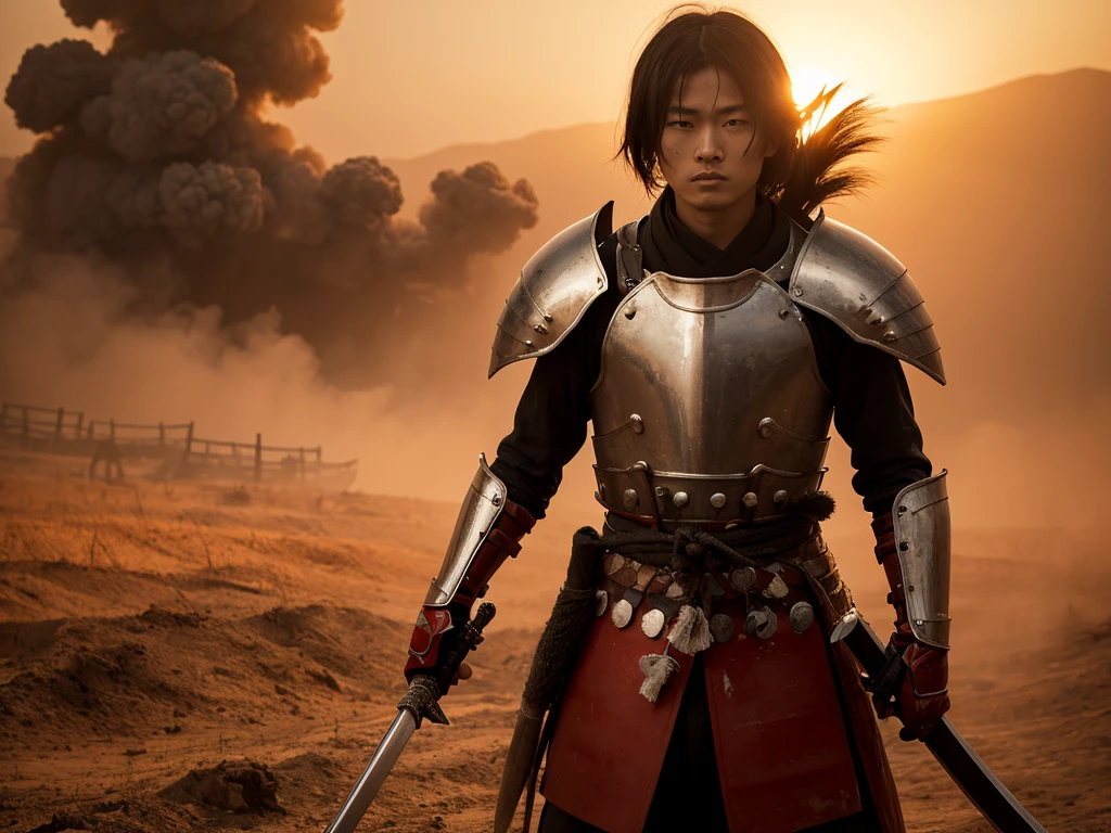 8K, Ultra-high resolution, Highest quality, masterpiece, Surreal, photograph,A brave and courageous Japanese warrior, Clad in blood-red armor, Emerging from the smoke and dust of the Sengoku period battlefields, A sword shining in the fiery sunset.、 Adds mystery and power. --9 in:16 --Style Raw --Styled 250、Full body image