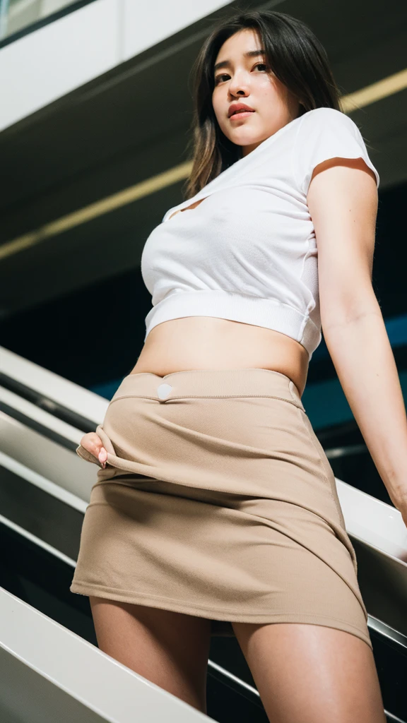 (((Gently lift your skirt to reveal your panties:1.5))), (from below: 2), 
Perfect beautiful Japanese girl 20 years old, (standing on the stairs at the airport:1.3), Tunic sweater, (arched back:1.3), white skin, Full body photograph, 
hairlight, professional photograph, dynamic angle shot, film grain, Sharp photograph, ray tracing, dynamic lighting, tilt camera, Lens flare, (((masterpiece))), ((highest quality)), ((complex)), ((realistic)), (50mm Sigma f/1.4 Zeiss lens, f1.4, 1/800s, ISO100, photograph:1.1), perspective, mature woman, very be familiar with, shape, 1 girl, big breasts, beautiful and detailed eyes, ponytail, bang, black hair, brown eyes, earrings, be familiar with background, perfect eyes, enchanting eyes, looking at the viewer, From shape-based, ((masterpiece)), (be familiar with), perfect face