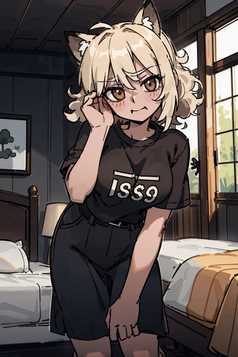 (Top quality、8K、32k、masterpiece、nffsw、Ultra-high resolution、Impressionism、Reality:1.2)、huge 、Cowboy shooting, Detailed face and eyes、Short stature、Dog ears、Female breasts are too large、The breasts are very full、Big Ass、(((Brown soft curly hair))),、(((Big brown eyes)))、In the bedroom、kneel on the bed、Pretty Face、16 year old beautiful girl、Radiant Skin、With bangs、Brown eyes、(Katyusha:1.2)、Too loose T-shirt、curve、kneel、Half-open eyes、blush、Love in the eyes