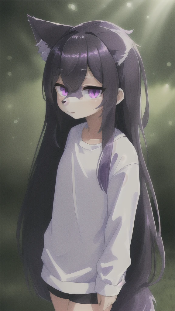 (masterpiece:1.3), (2D, anime, illustration:1.0), (sharp:1.2), (hard light, shadow:1.0), (reflection, refraction:0.8), (light rays, dappled light, light glare, lens flare, Tyndall effect, clear, shiny:1.0), (best quality:1.2), (ultra-detailed, extremely intricate:1.0), (cinematic light,ray tracing), (bright_colors,dark_intense_shadows), (impasto,colorful:1.2), (long_hair:1.4), whjite hair, ((black stripes on body)), ((grey fur)), ((black sclera, purple iris)), ((female wolf))